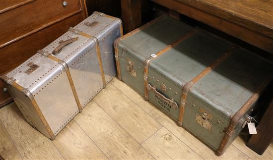 Two metal bound steamer trunks W.89cm and 80cm